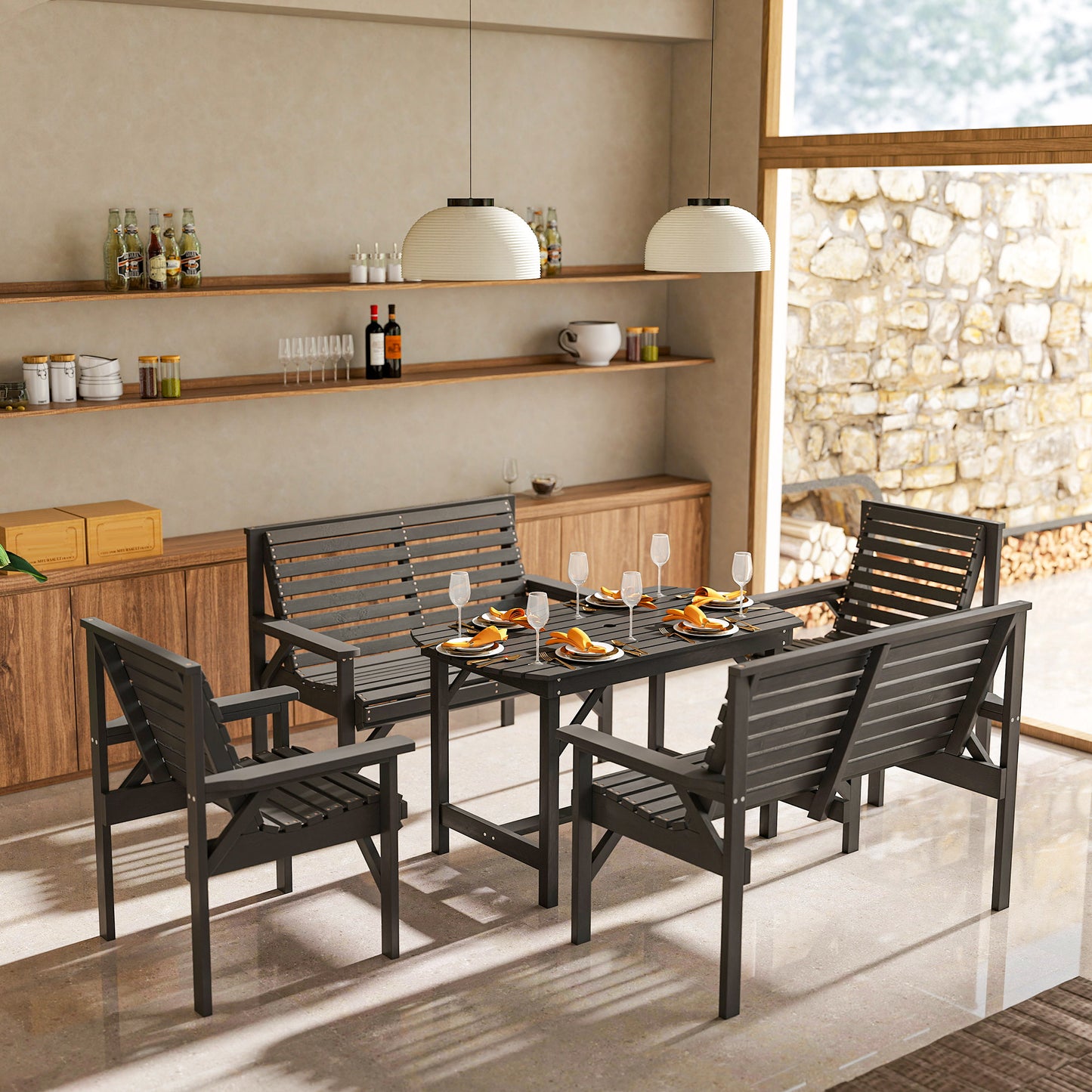 5PC Patio Dining Set Wooden Table and Chairs w/ Umbrella Hole Grey