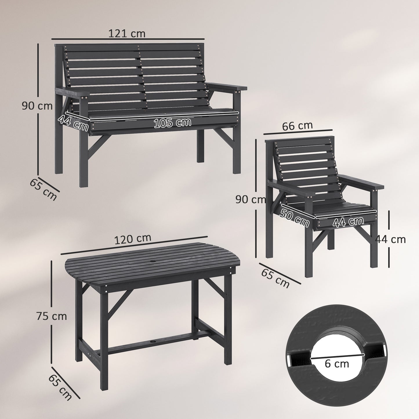 5PC Patio Dining Set Wooden Table and Chairs w/ Umbrella Hole Grey