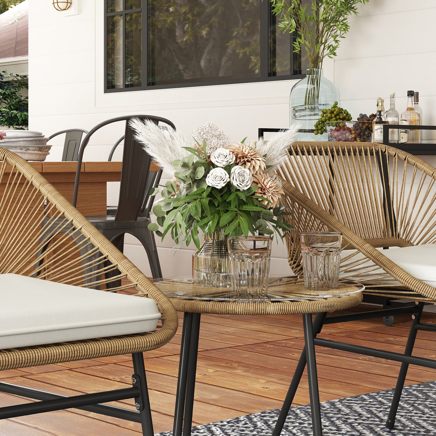 Rattan Bistro Set, Small Balcony Furniture with Cushion, Light Grey