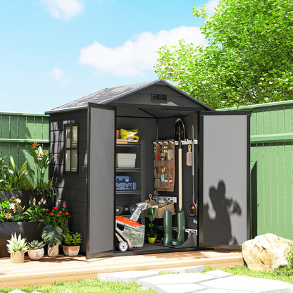 6 x 4.5FT Plastic Garden Shed with Floor, All Weather Resin Outdoor Storage Shed, Lockable Tool Storage with Window, Vent and Pent Roof for Patio Lawn, Dark Grey