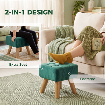 Modern Footstool, Fabric Foot Rest with Rubber Wood Legs, Dark Green