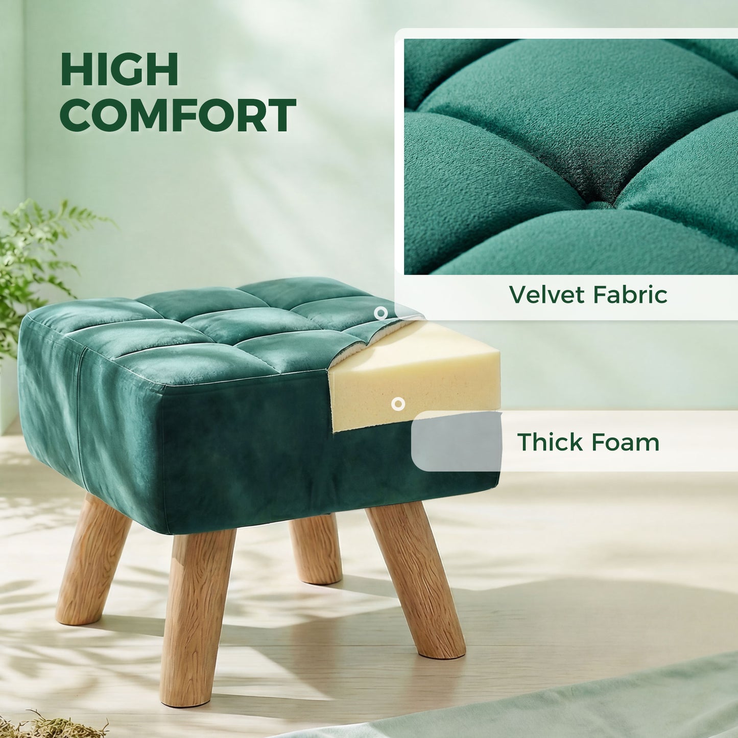 Modern Footstool, Fabric Foot Rest with Rubber Wood Legs, Dark Green