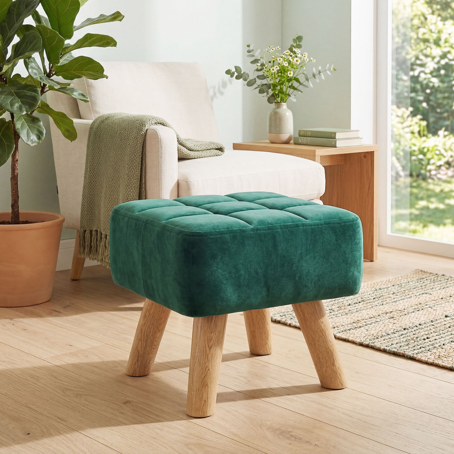 Modern Footstool, Fabric Foot Rest with Rubber Wood Legs, Dark Green