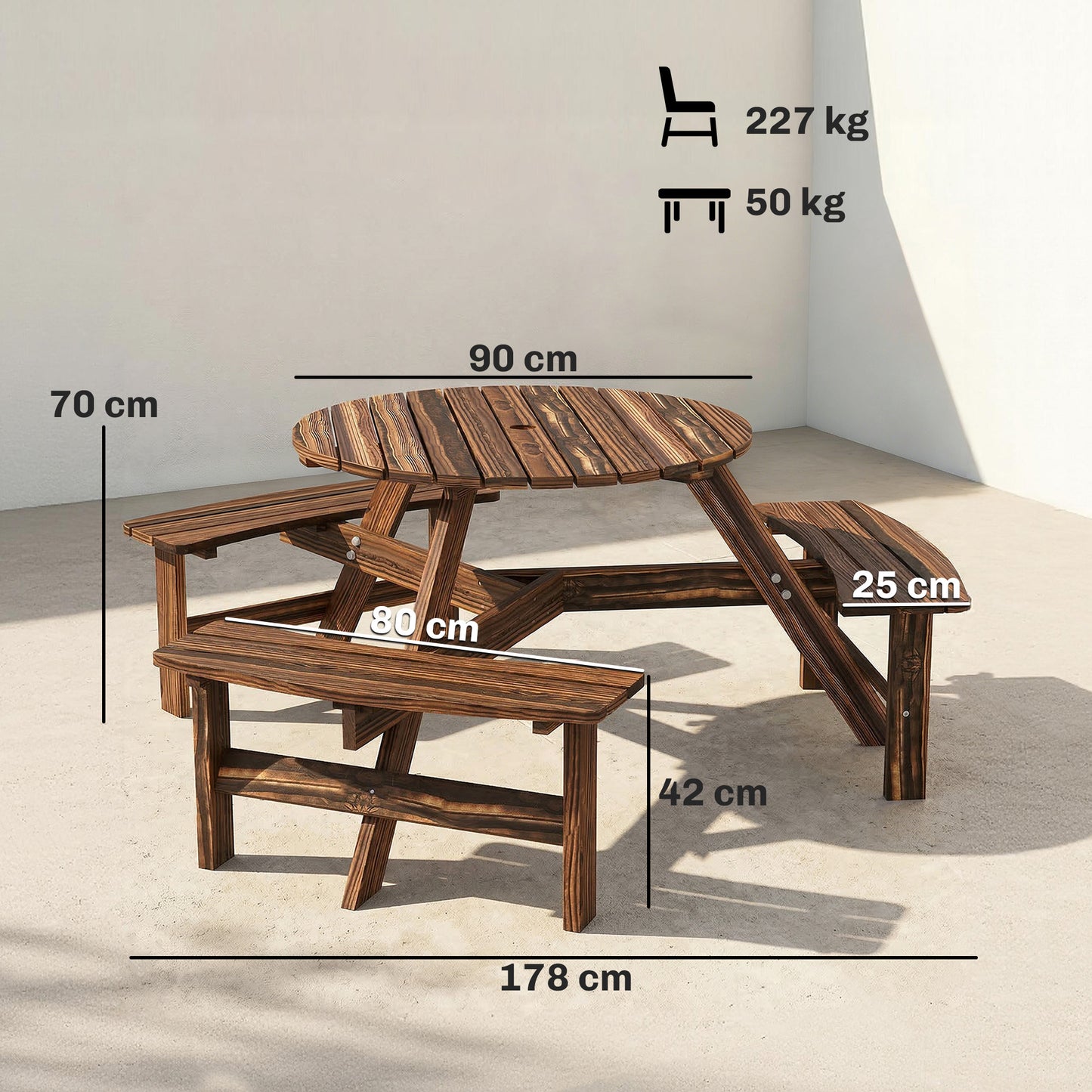 6 Person Fir Wood Table Bench Set Outdoor Garden Patio, Carbonized