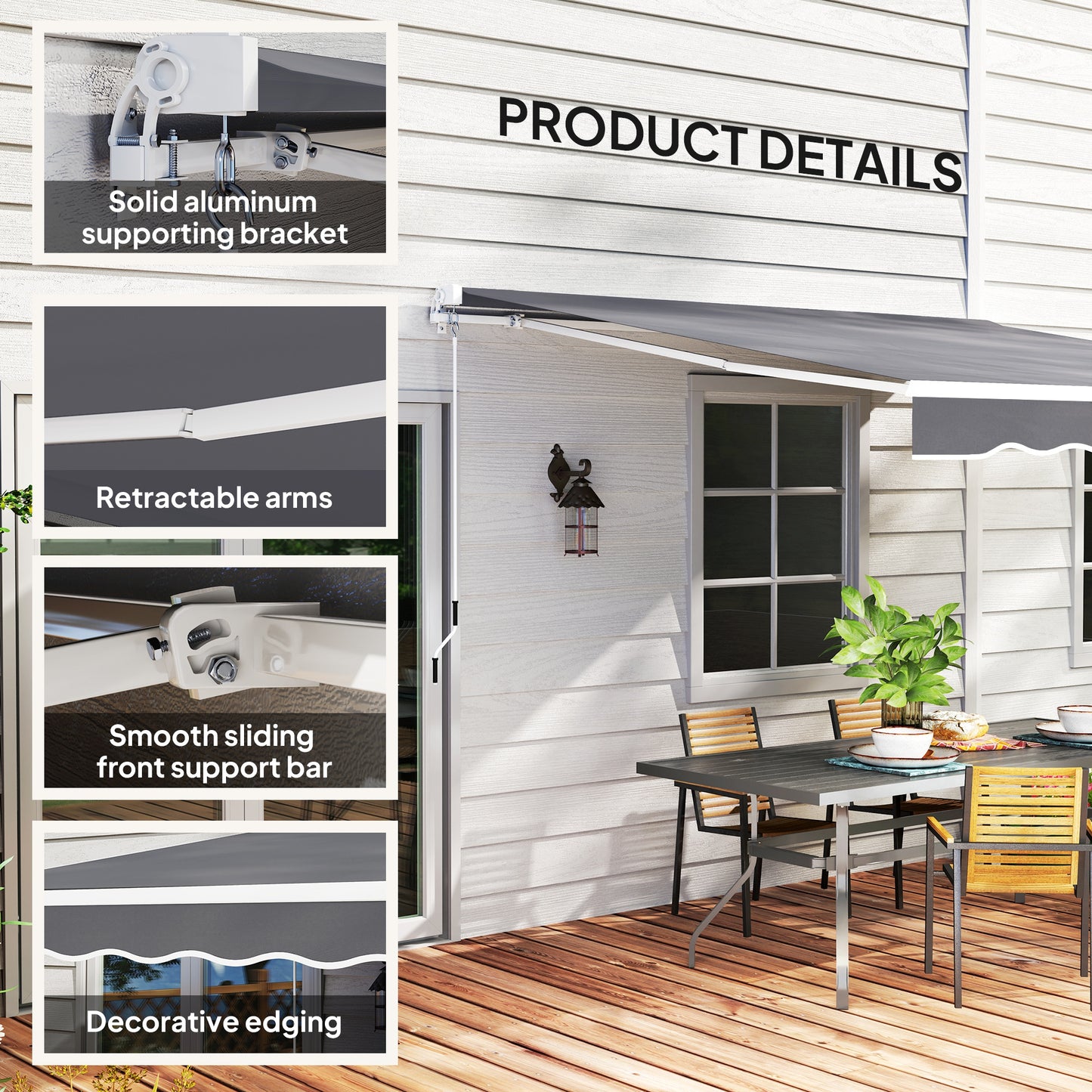 Garden Sun Shade Canopy Retractable Awning, 2.5 x 2m, Dark Grey