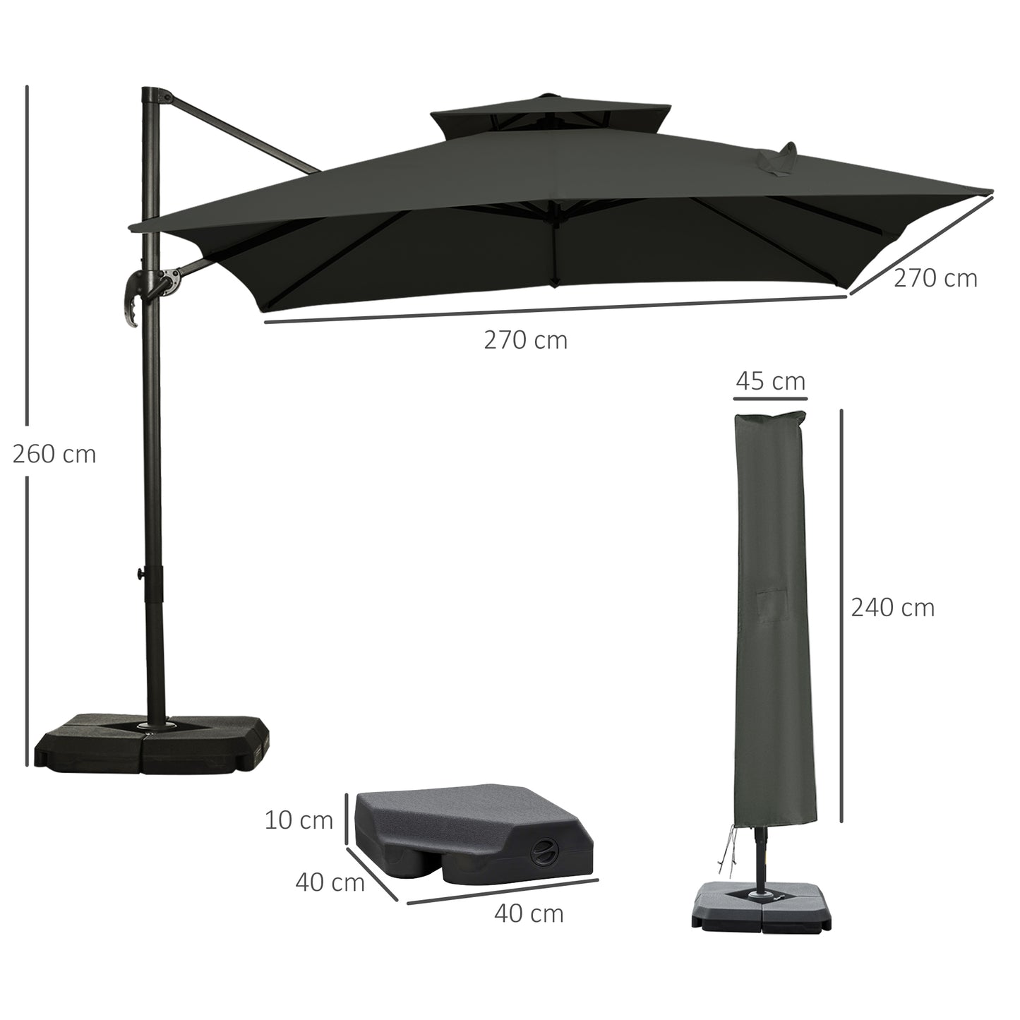 3 x 3(m) Garden Cantilever Roma Parasol with Crank and Tilt, Square Overhanging Patio Umbrella with 360√Ç¬∞ Rotation, Sun Shade Canopy with Base
