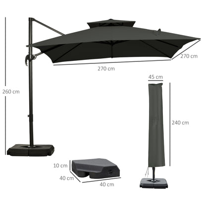 3 x 3(m) Garden Cantilever Roma Parasol with Crank and Tilt, Square Overhanging Patio Umbrella with 360√Ç¬∞ Rotation, Sun Shade Canopy with Base