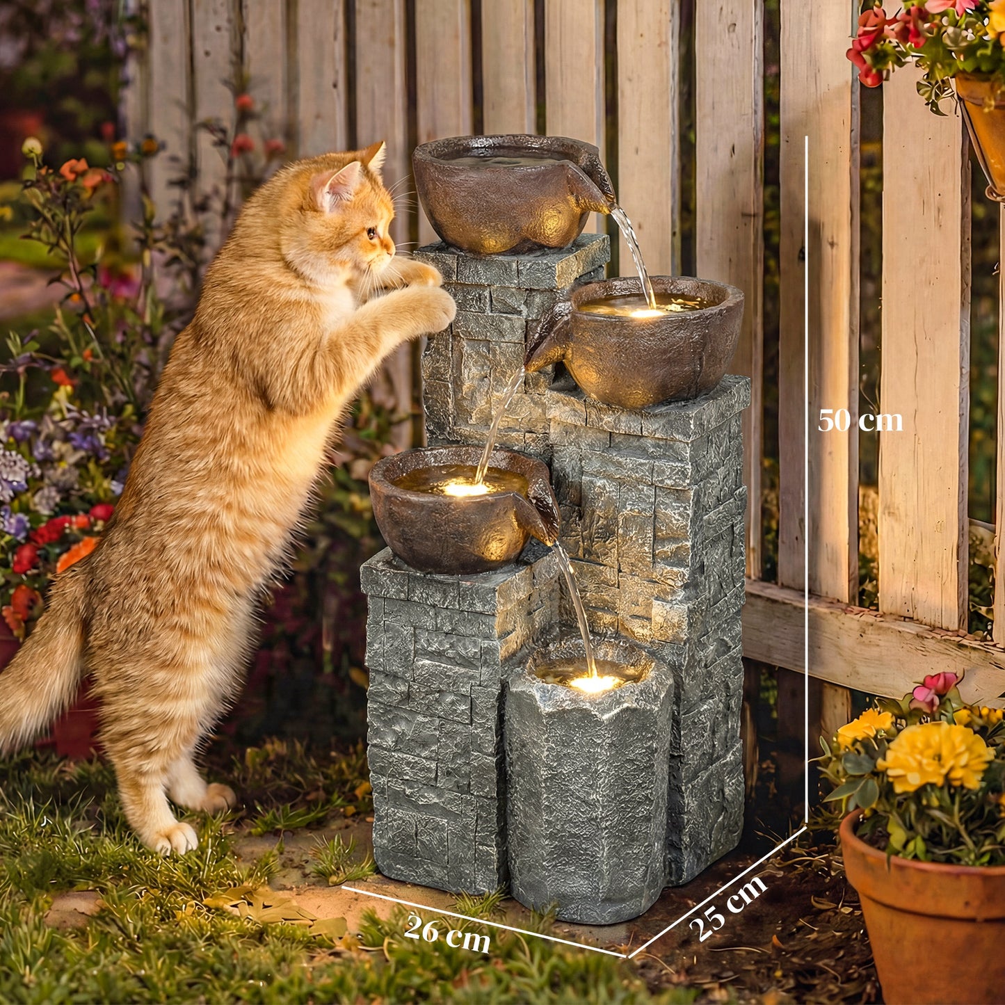4-Tier Outdoor Fountain with LED Lights, Grey and Rustic Brown