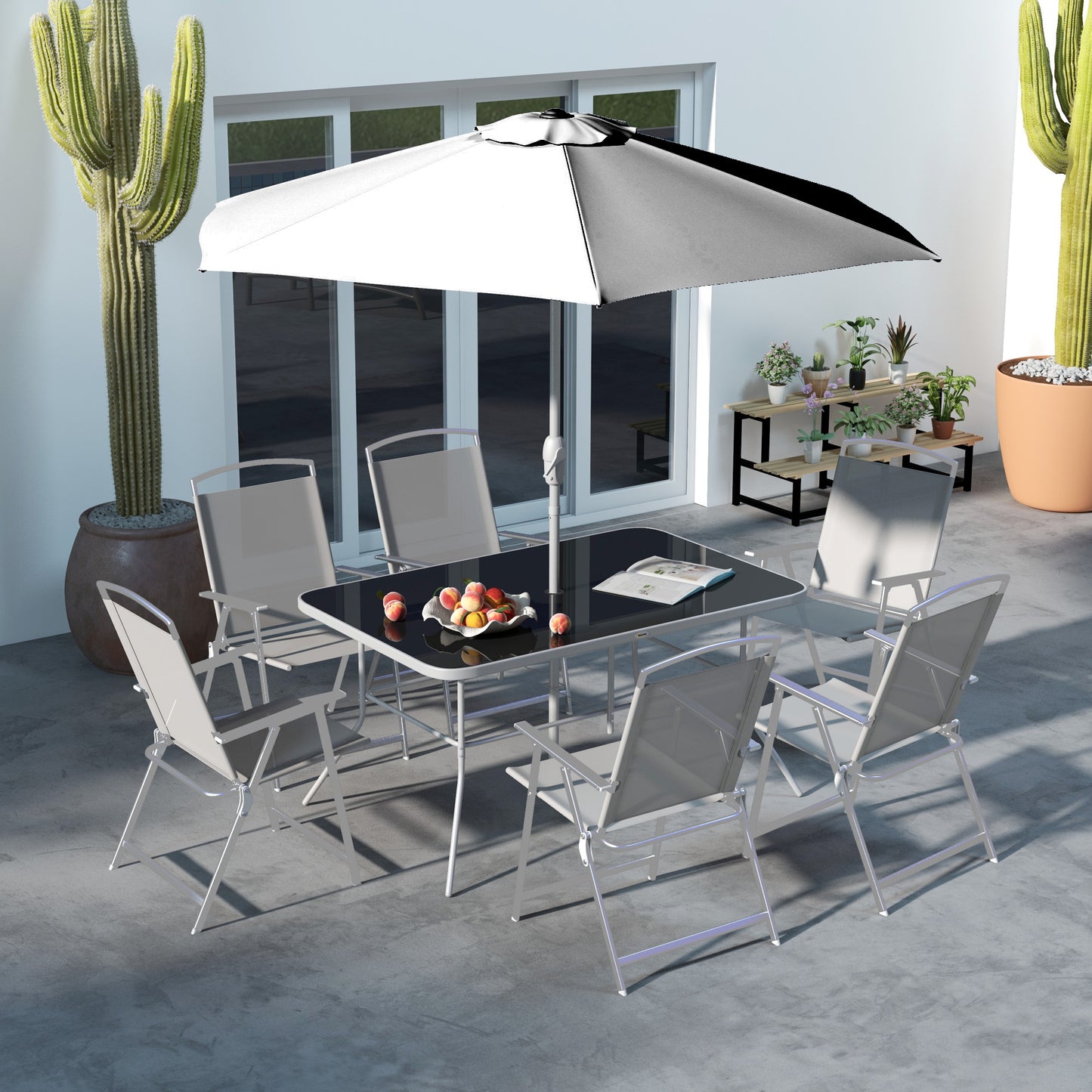 8 Pcs Garden Table and Chairs with Parasol Tempered Glass Top Grey