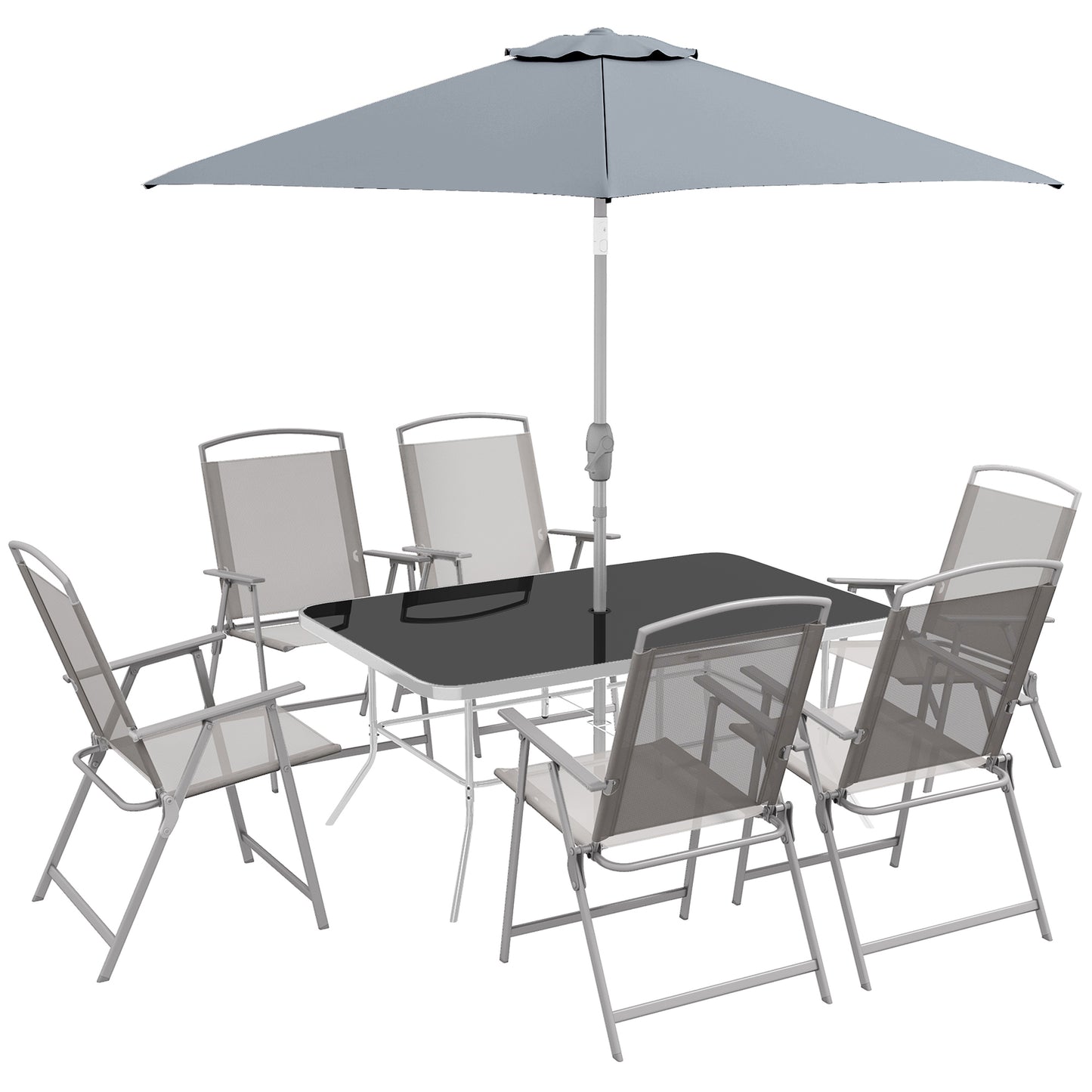 8 Pcs Garden Table and Chairs with Parasol Tempered Glass Top Grey