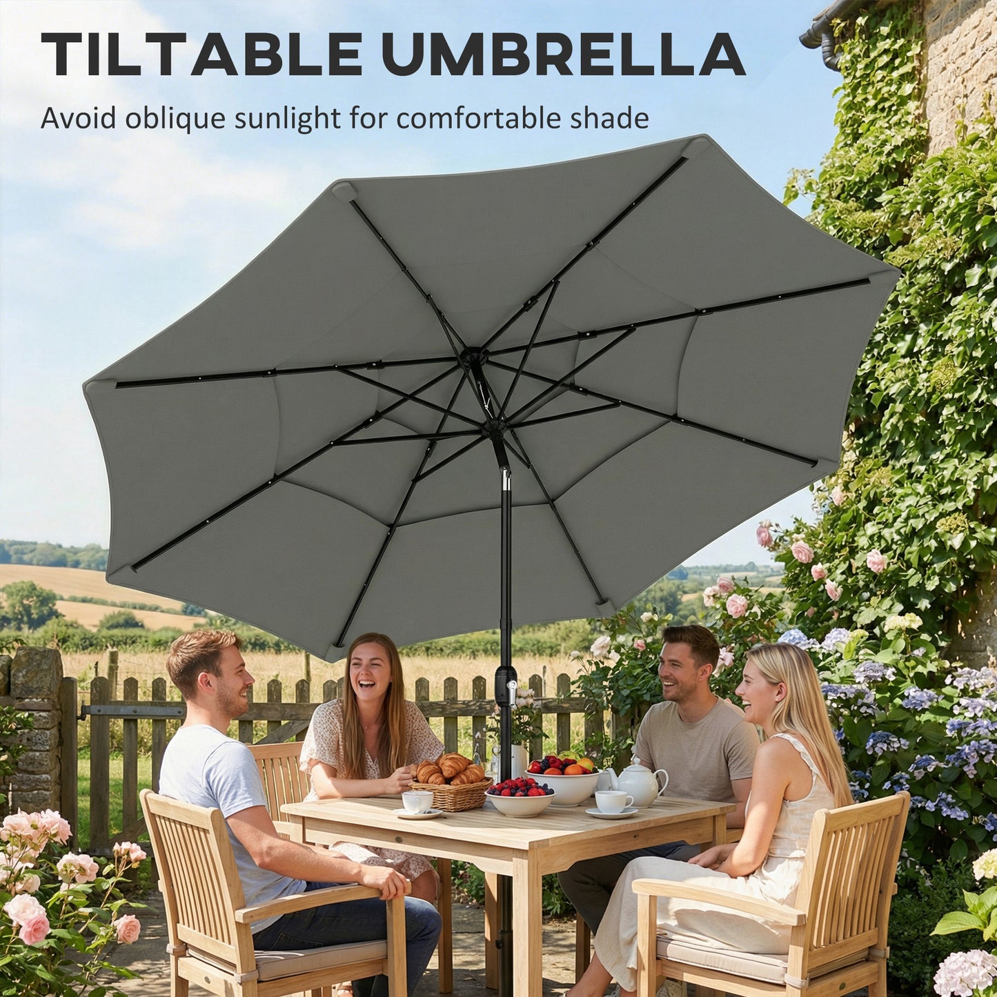 Garden Parasol, Outdoor Umbrella with Tilt Function, Grey