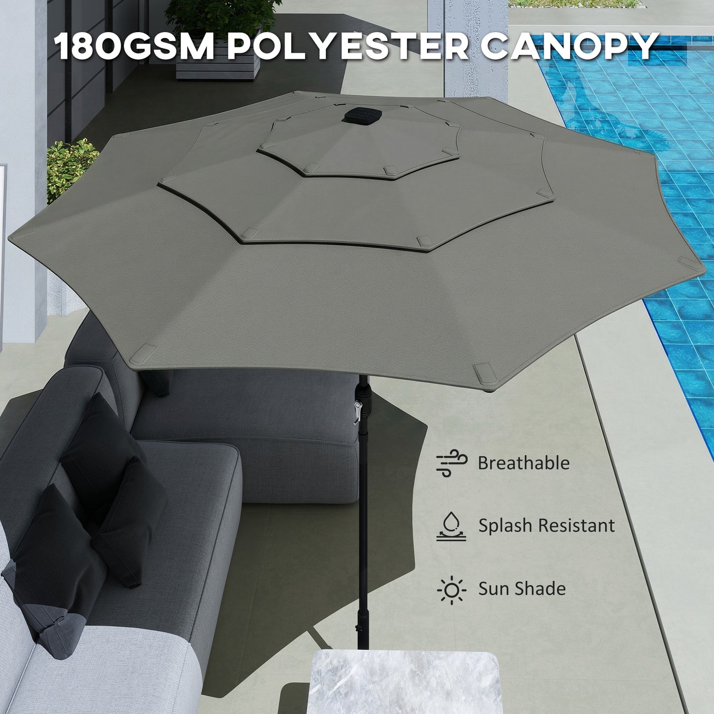 Garden Parasol, Outdoor Umbrella with Tilt Function, Grey