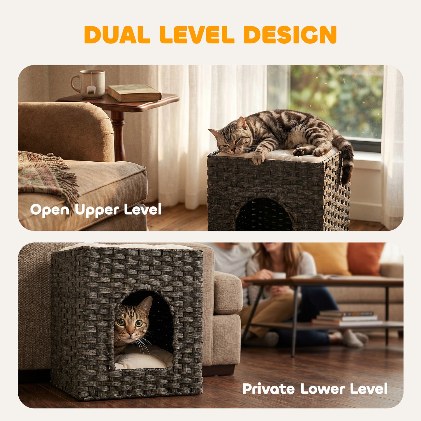 2-Tier Wicker Cat House, Handwoven Rattan Cat Bed with Washable Cushions, Indoor Kitten Condo Hideaway, 43 x 40 x 49 cm, Grey