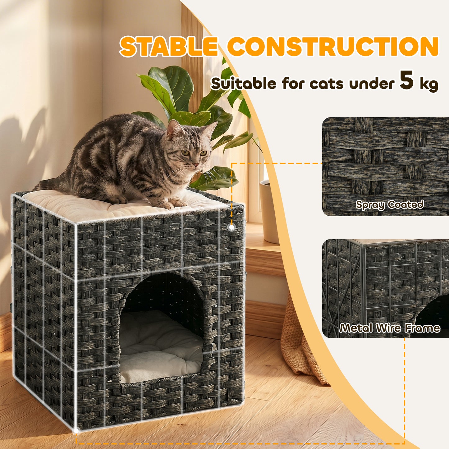 2-Tier Wicker Cat House, Handwoven Rattan Cat Bed with Washable Cushions, Indoor Kitten Condo Hideaway, 43 x 40 x 49 cm, Grey