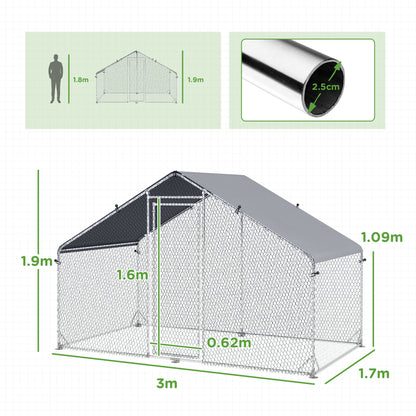 Walk In Chicken Run Large Galvanised Chicken Coop w/ Cover 3 x 1.7 x 1.9m