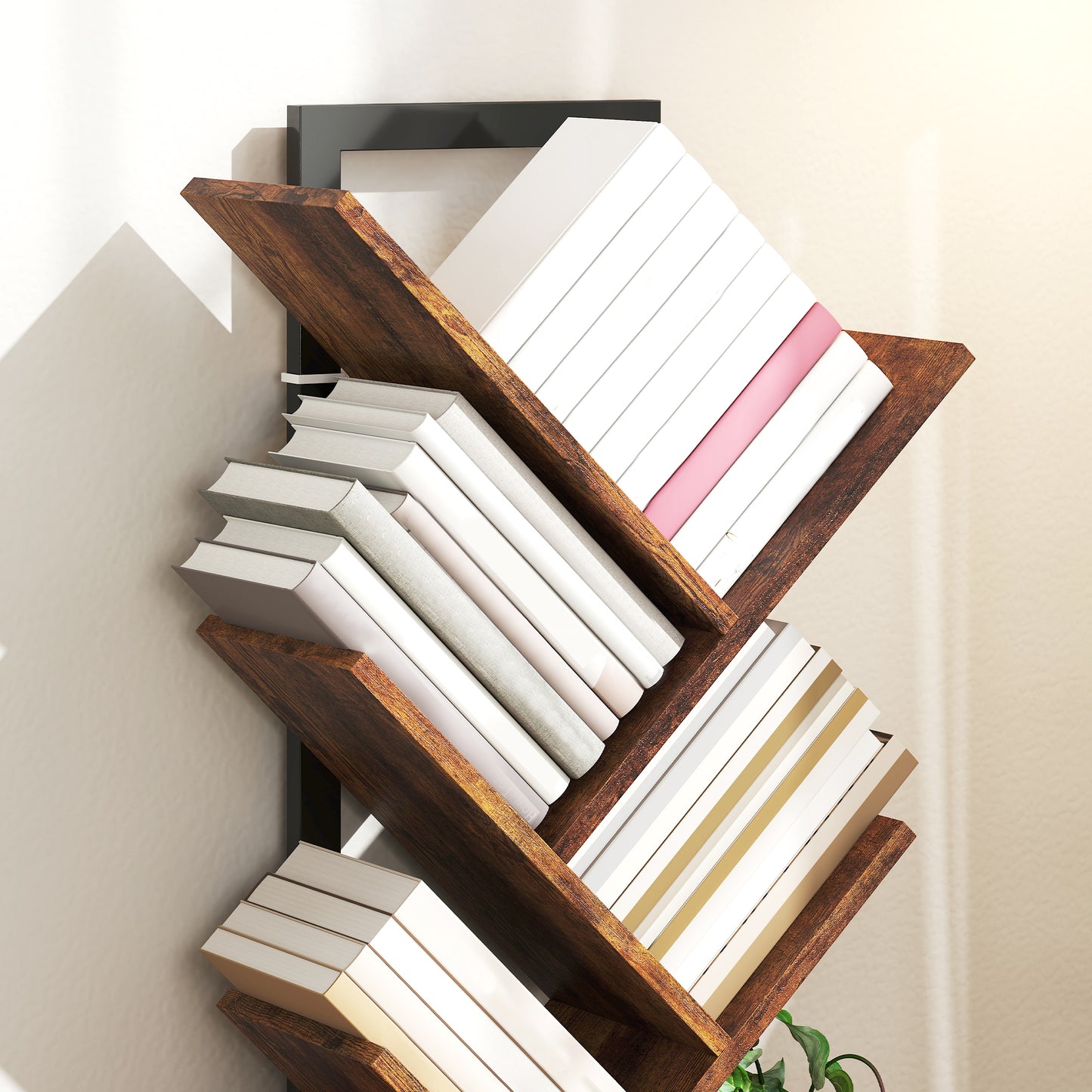 7-Tier Tree Bookshelf with Steel Frame for Living Room, Rustic Brown