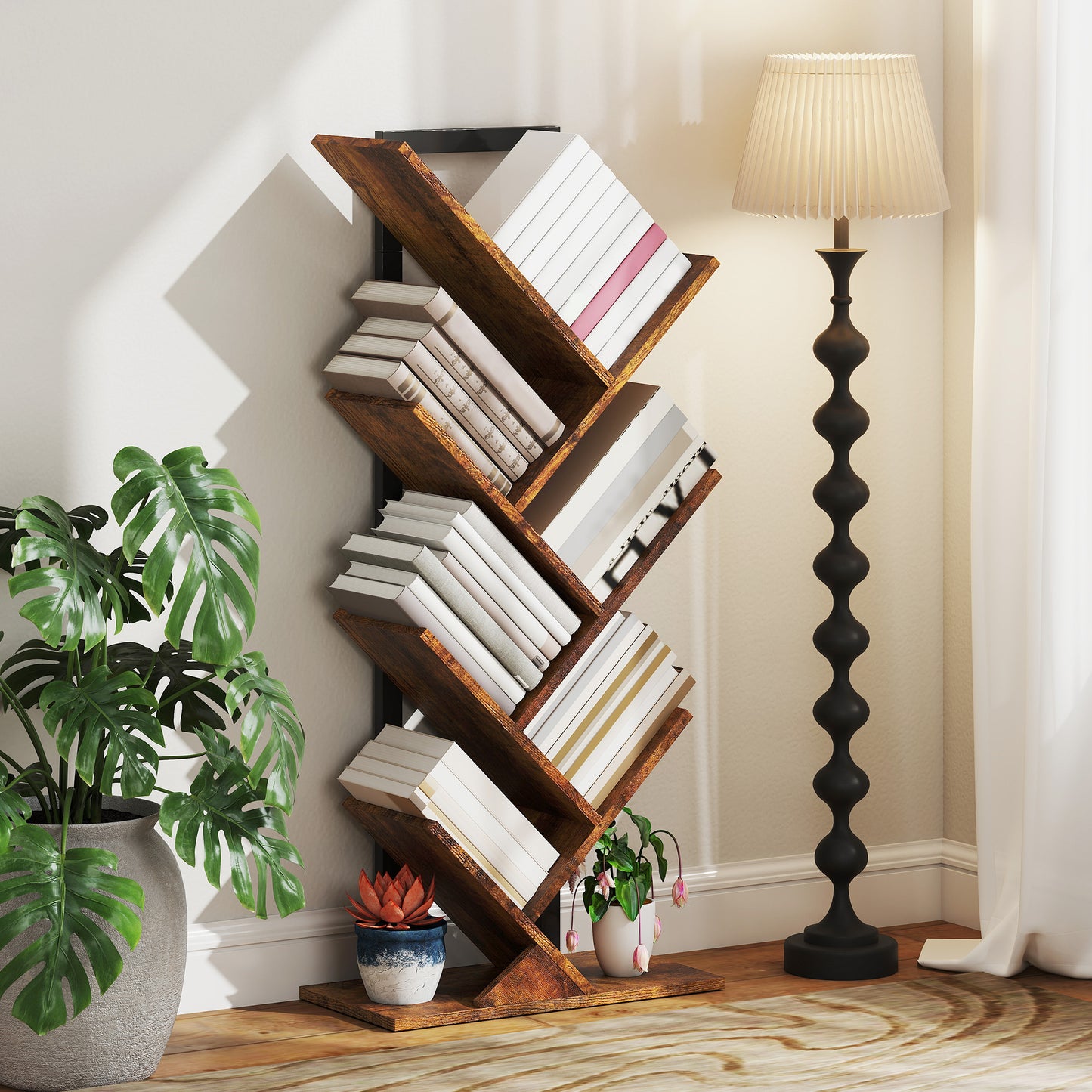 7-Tier Tree Bookshelf with Steel Frame for Living Room, Rustic Brown