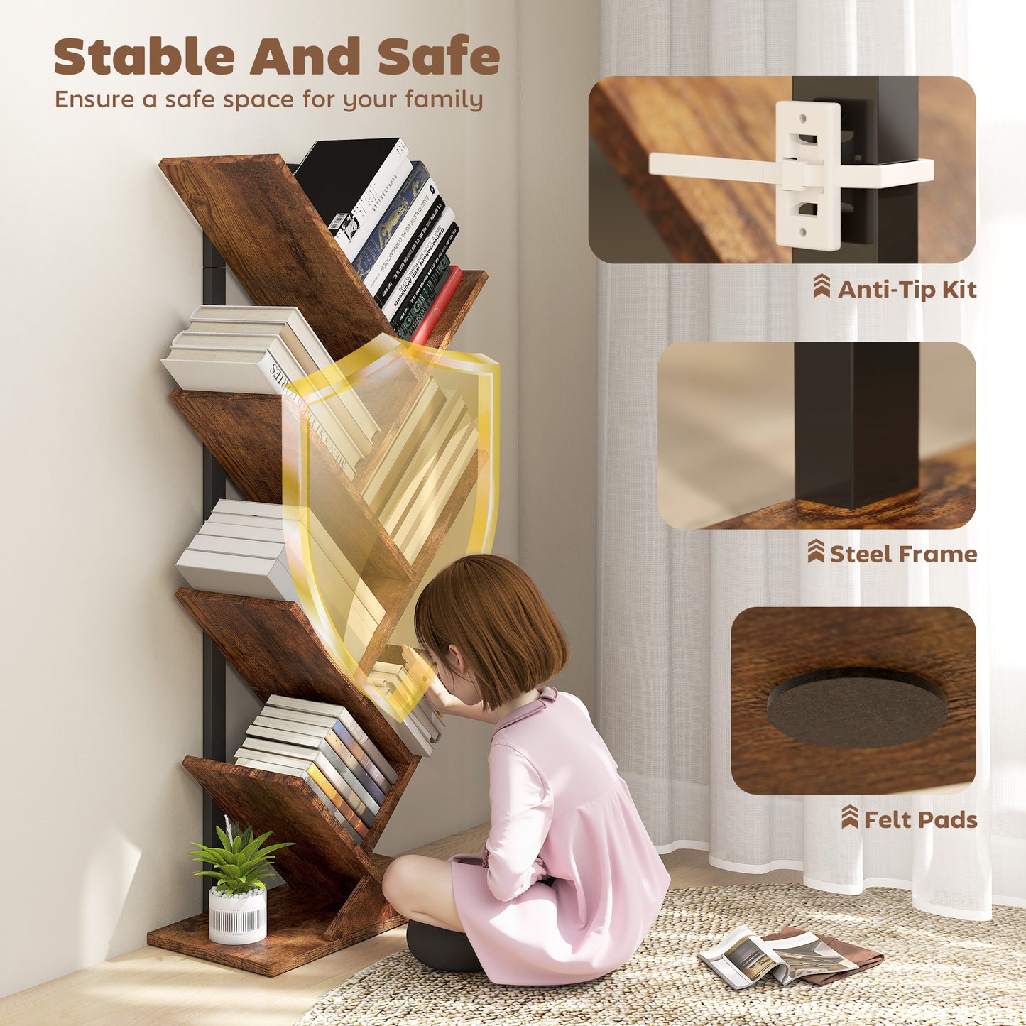 7-Tier Tree Bookshelf with Steel Frame for Living Room, Rustic Brown