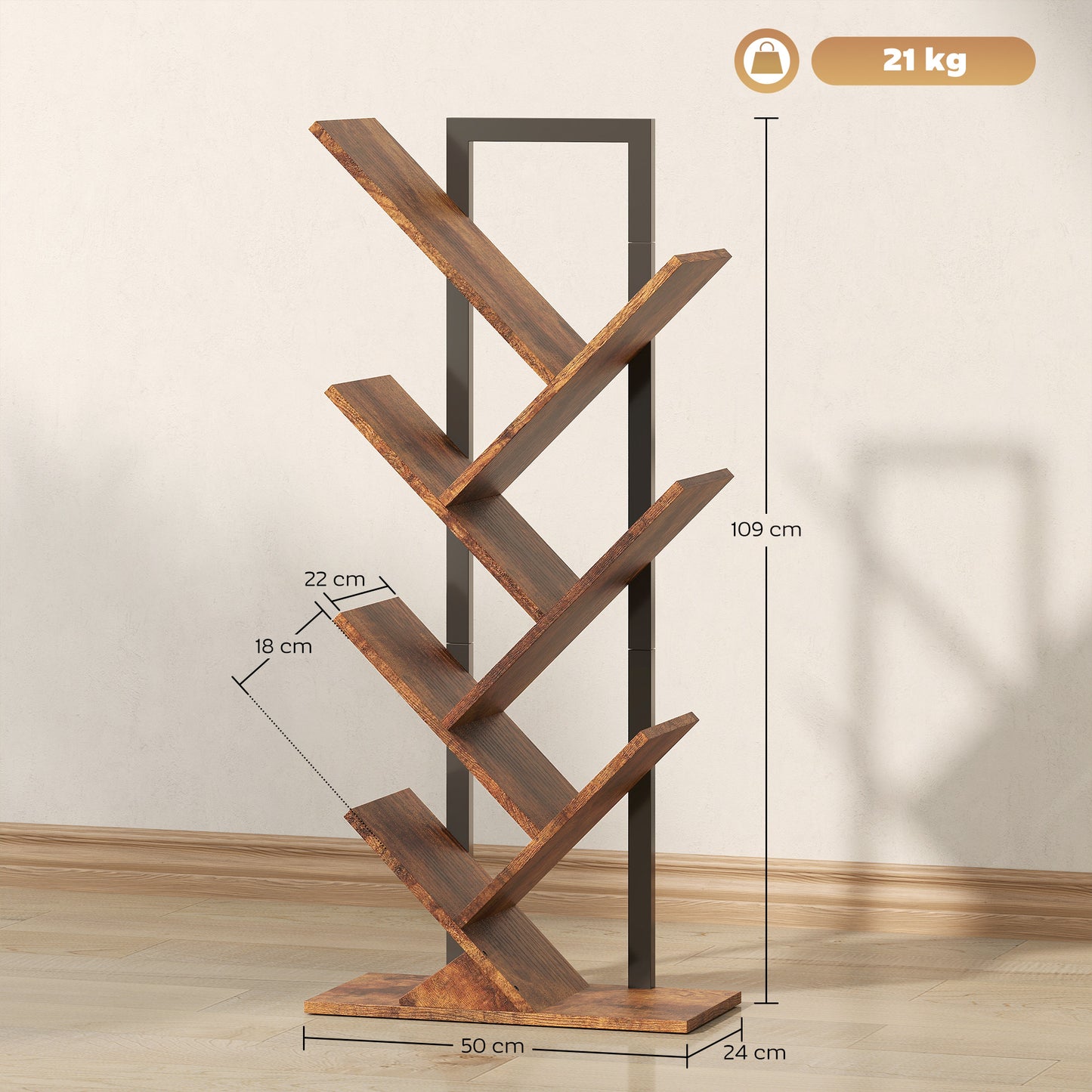 7-Tier Tree Bookshelf with Steel Frame for Living Room, Rustic Brown