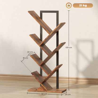 7-Tier Tree Bookshelf with Steel Frame for Living Room, Rustic Brown