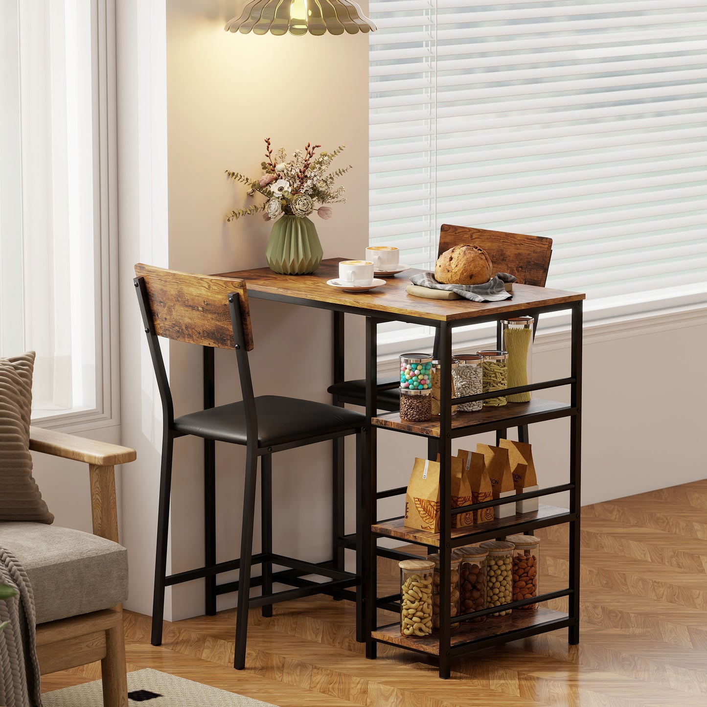 Industrial Bar Table Set with Storage and Padded Seats, Rustic Brown