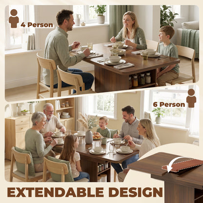 Extendable Dining Table for 4-6 People, 110-130cm Kitchen Table with 6 Open Shelves, Storage Compartment for Home, Living Room, Small Spaces, Walnut Brown