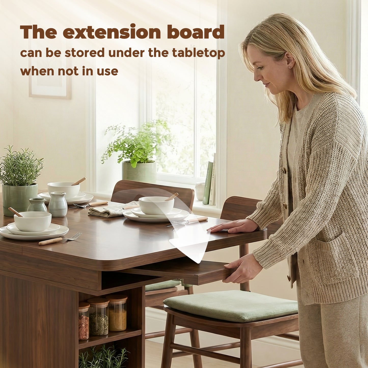 Extendable Dining Table for 4-6 People, 110-130cm Kitchen Table with 6 Open Shelves, Storage Compartment for Home, Living Room, Small Spaces, Walnut Brown