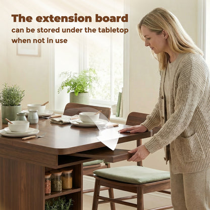 Extendable Dining Table for 4-6 People, 110-130cm Kitchen Table with 6 Open Shelves, Storage Compartment for Home, Living Room, Small Spaces, Walnut Brown
