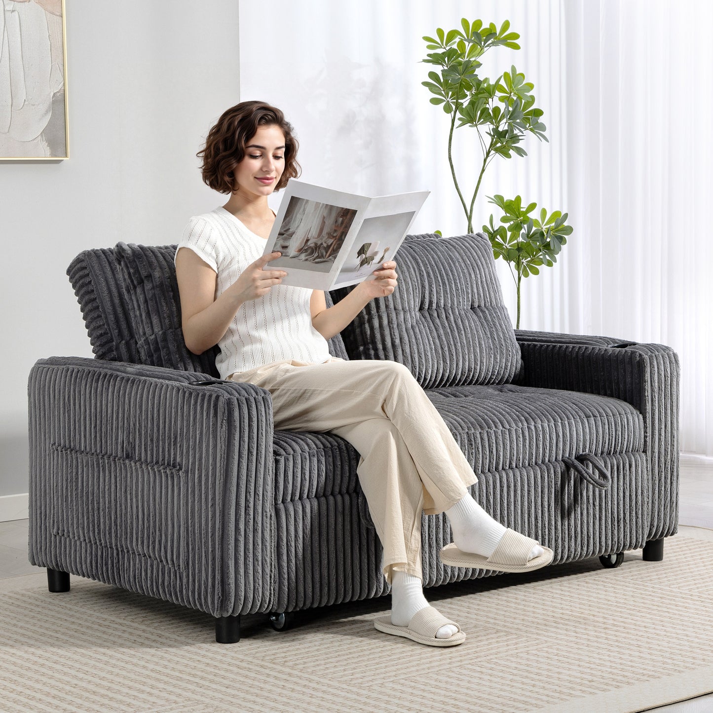 2 Seater Sofa Bed, Click Clack Pull Out Bed Settee, Charcoal Grey