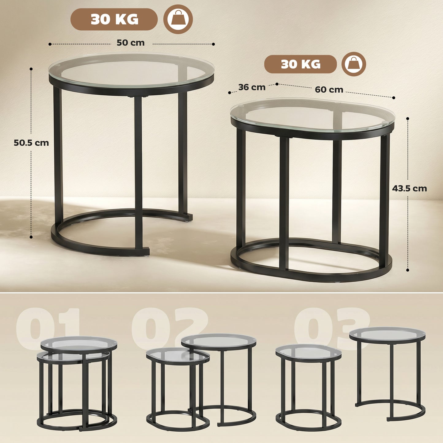 Modern Coffee Table Set of 2, Nest of Tables with Steel Frame and Tempered Glass Tabletop, Side Tables for Living Room Bedroom, Black and Clear
