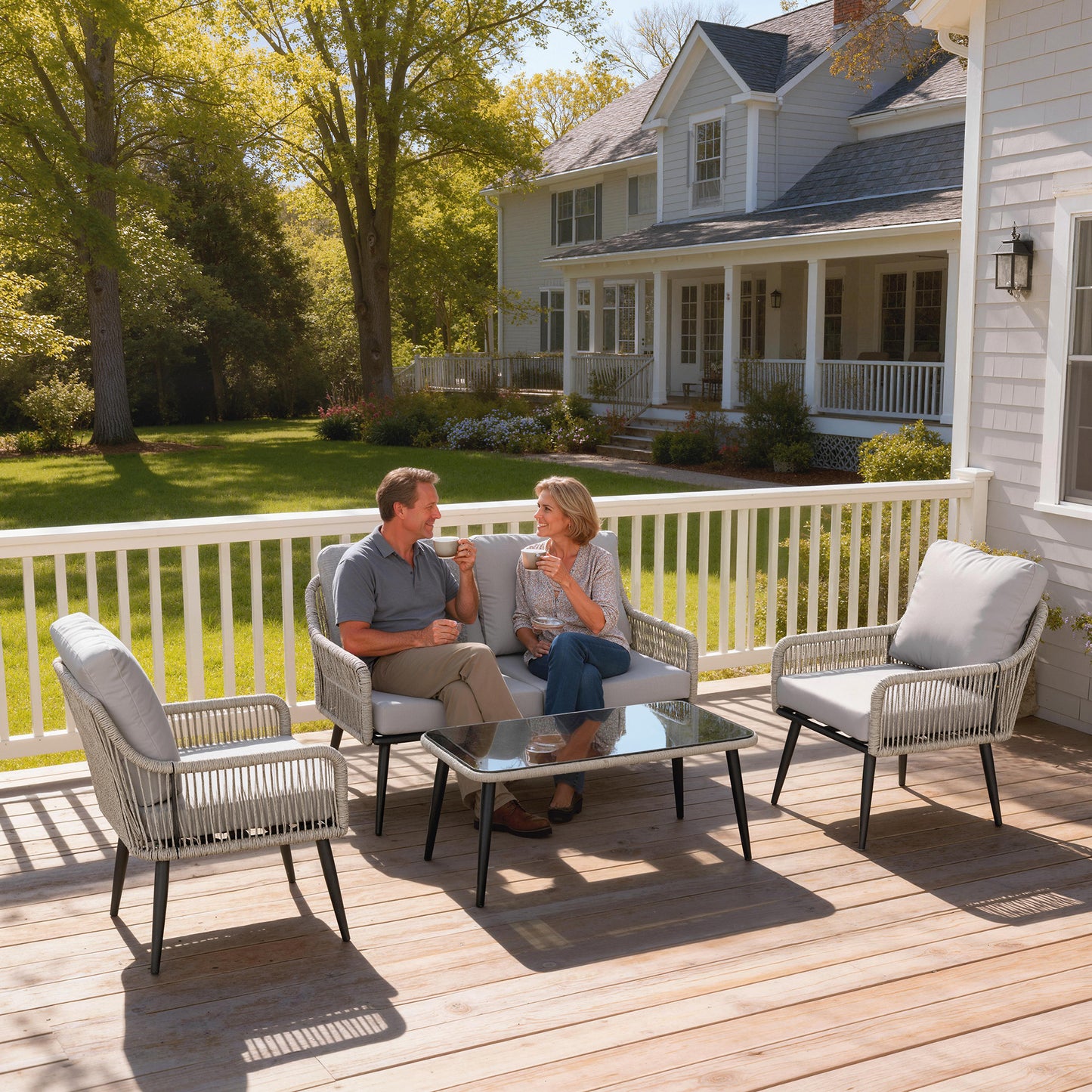 Rattan Garden Furniture Set, Tempered Glass with 3 Chairs