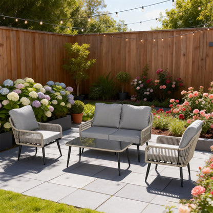 Rattan Garden Furniture Set, Tempered Glass with 3 Chairs