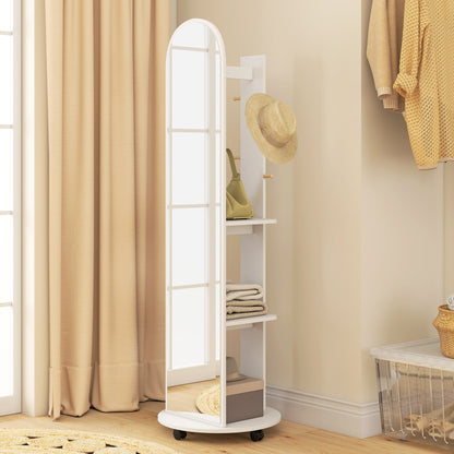2-in-1 Full Length Mirror with Storage Shelves, Floor Mirror with 4 Universal Wheels, Coat Rack, 4 Hooks, Space-Saving Freestanding Organiser for Bedroom, Living Room, White