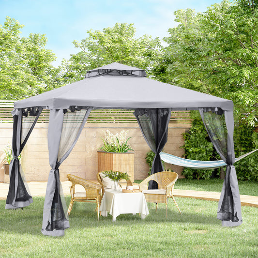 Outsunny 3 x 3 Meter Metal Gazebo Garden Outdoor 2-tier Roof Marquee Party Tent Canopy Pavillion Patio Shelter with Netting - Grey