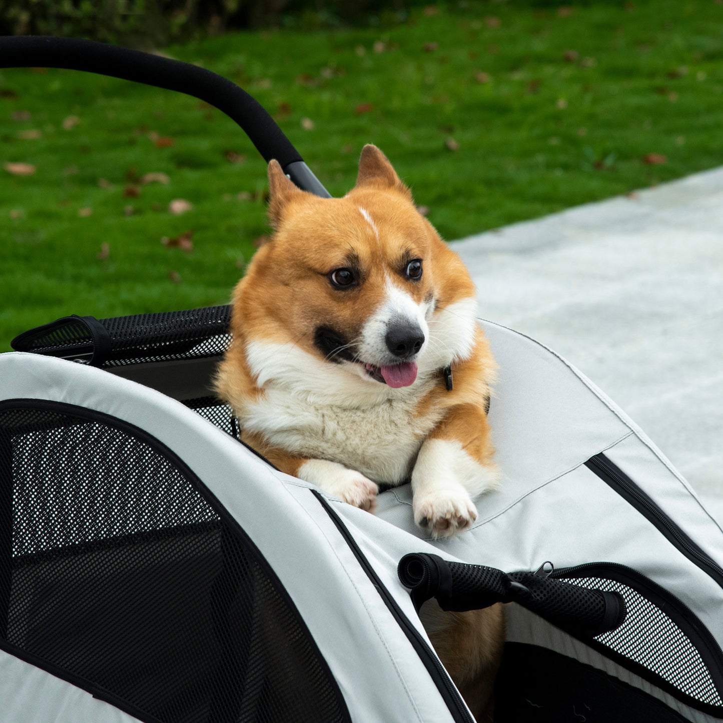 Dog Stroller Pet Pushchair Buggy Pram W/ 4 Wheels Safety Leash, Grey