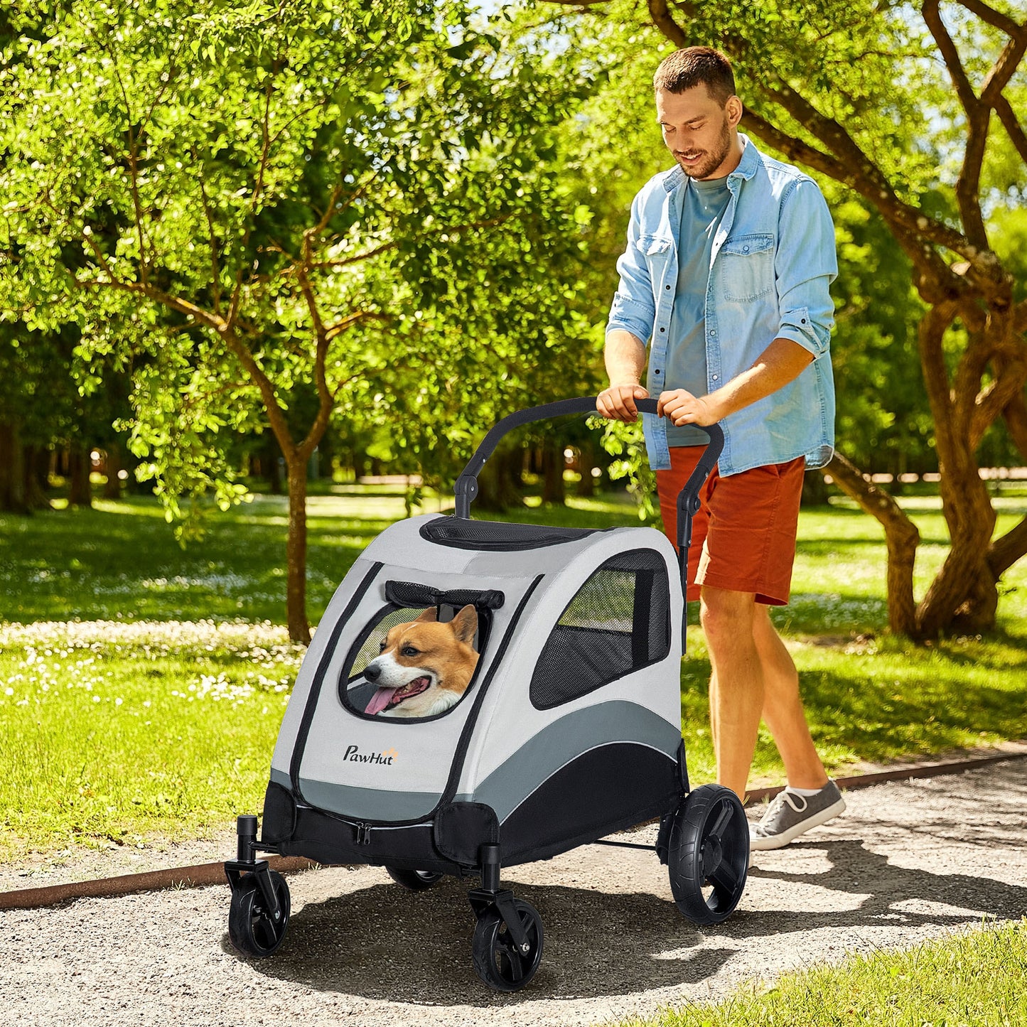 Dog Stroller Pet Pushchair Buggy Pram W/ 4 Wheels Safety Leash, Grey