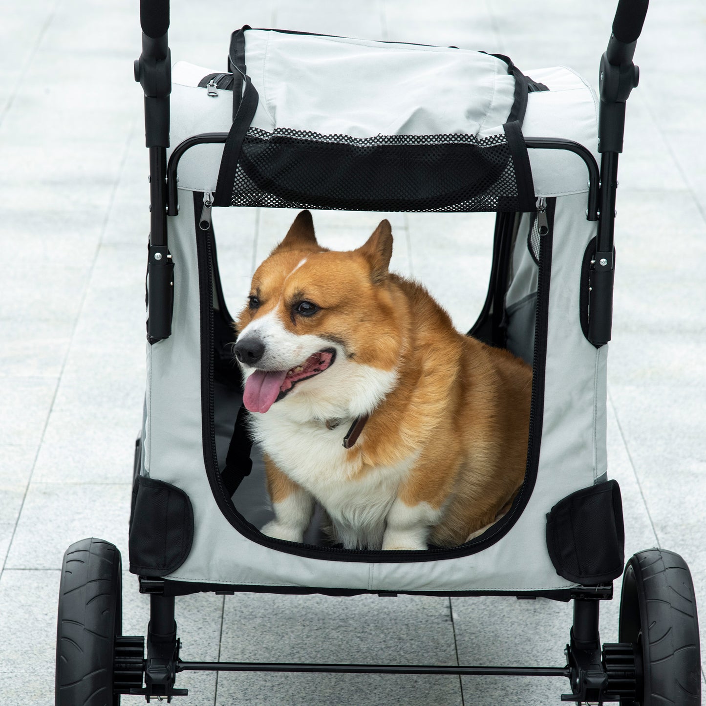 Dog Stroller Pet Pushchair Buggy Pram W/ 4 Wheels Safety Leash, Grey