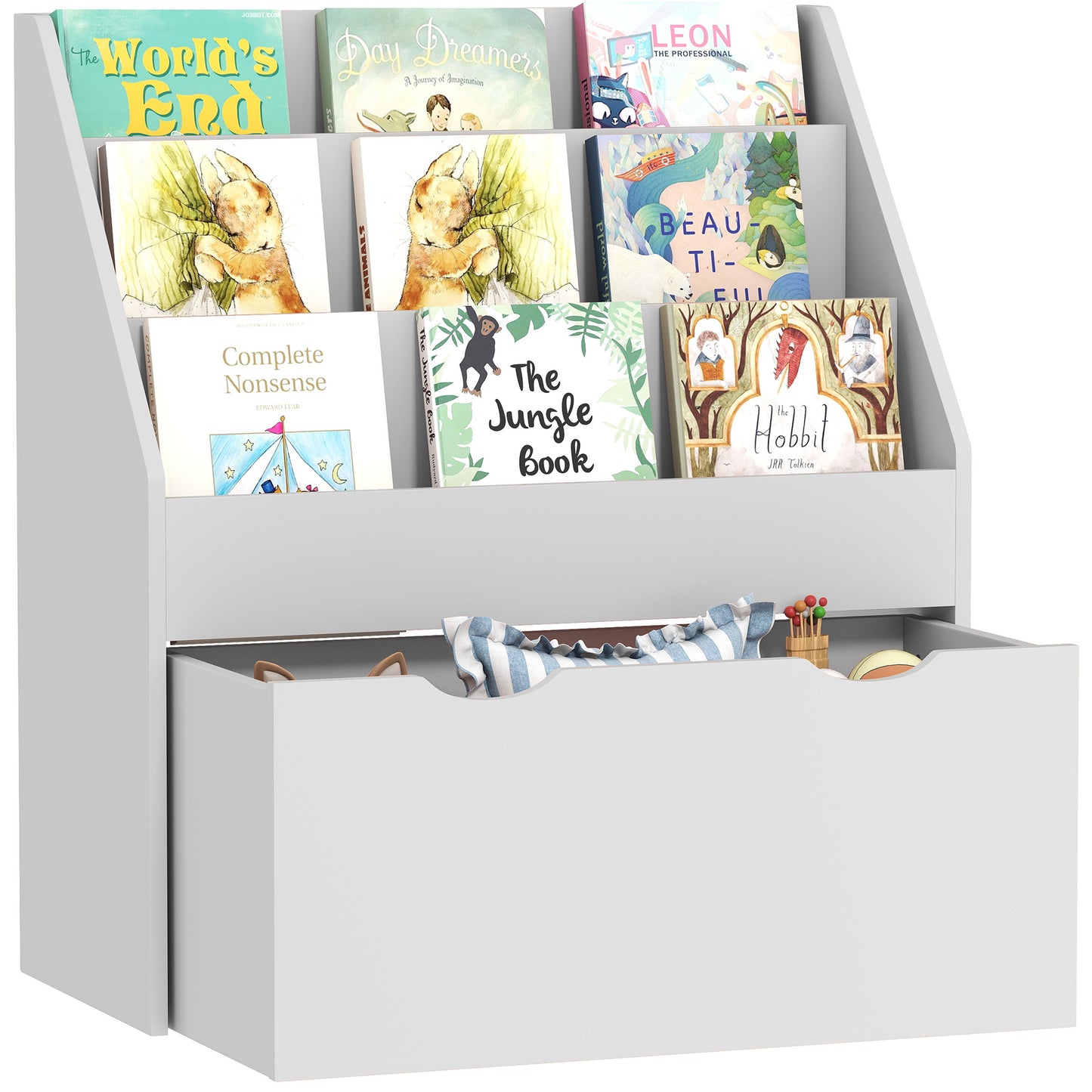 Kids Bookcase w/ 3 Tier Shelves, Drawer, for Bedroom, Nursery, Grey