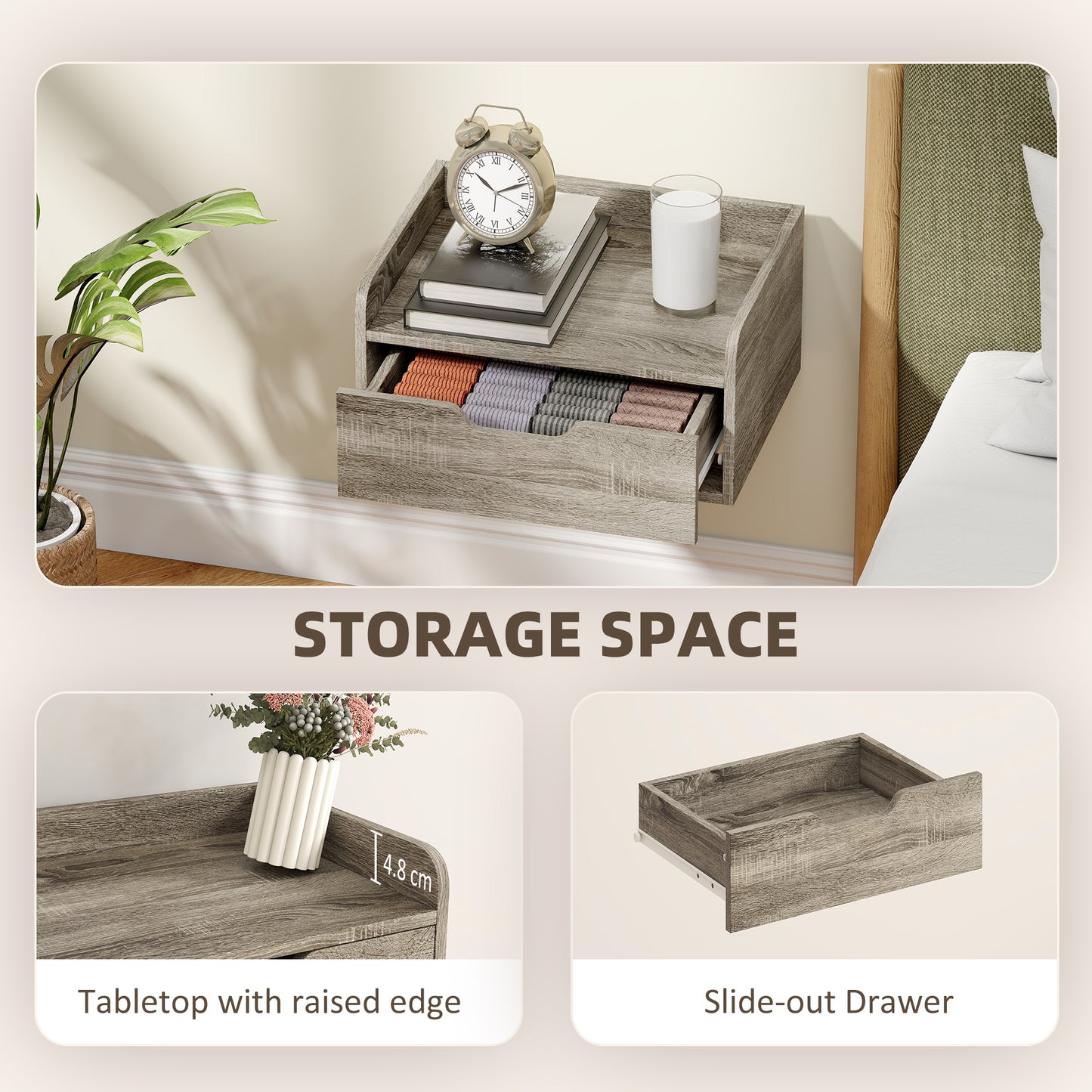 Floating Nightstands Set of 2, Nightstand with Drawer, Grey