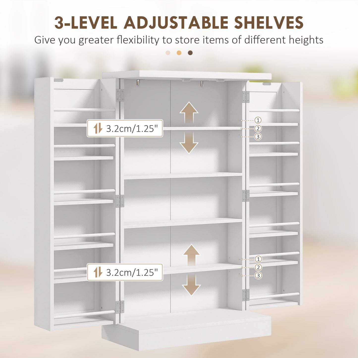 Kitchen Cupboard with Double Doors, 5-Tier Shelf, 12 Spice Racks, White