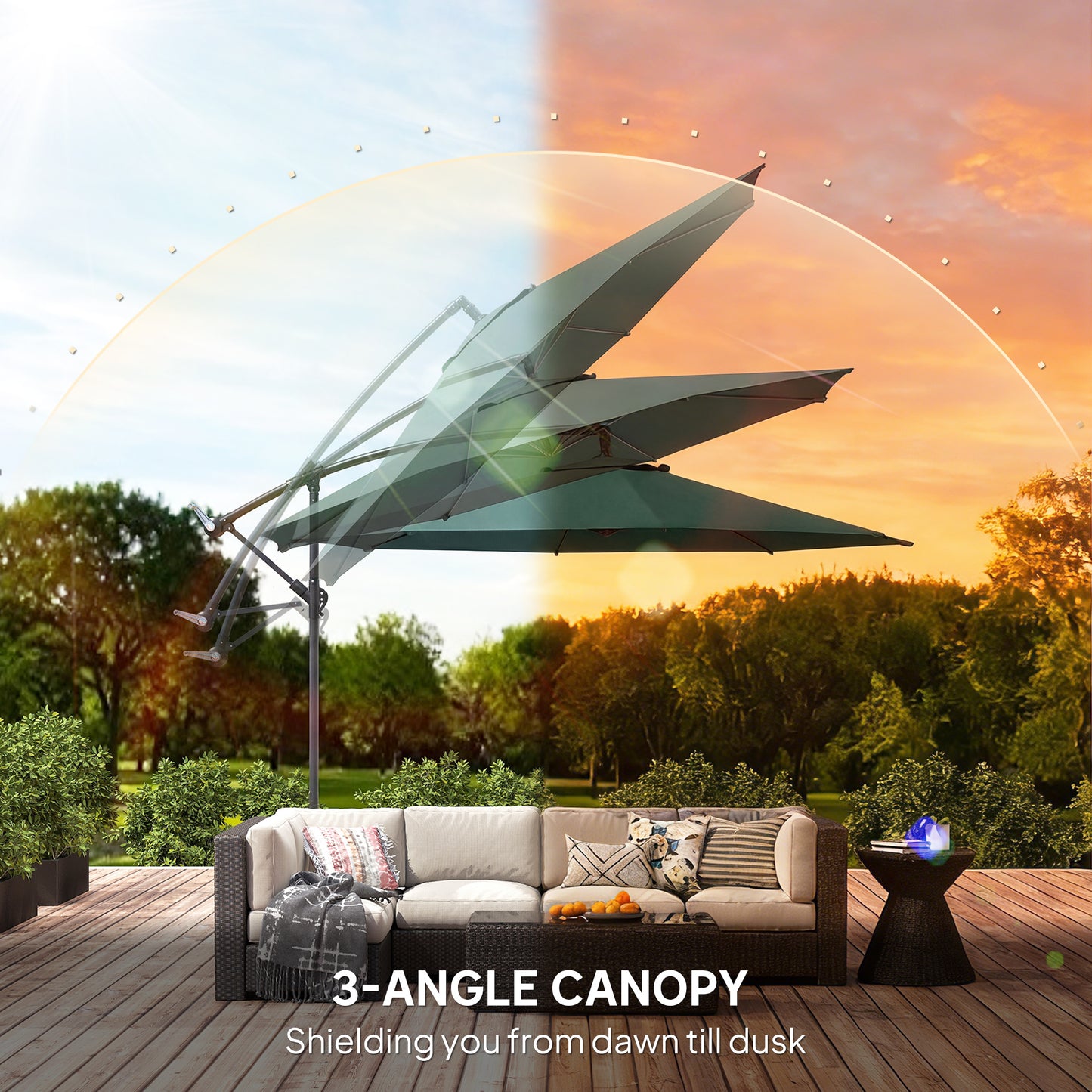 3(m) Garden Banana Parasol Cantilever Umbrella w/ Base, Dark Green