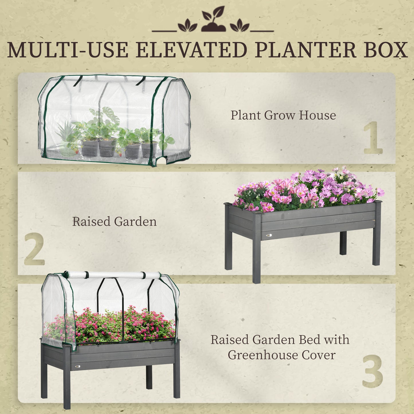 Raised Garden Bed w/ PE Cover, Use for Patio, Garden, Dark Grey