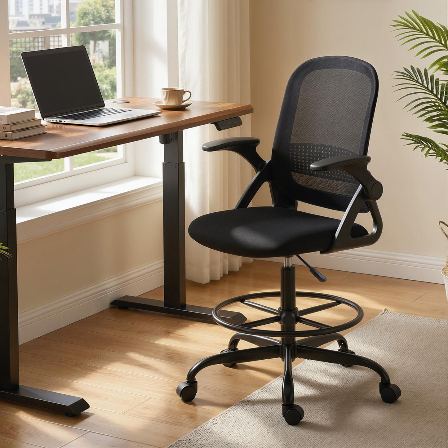 Mesh Painting Chair, Rolling Desk Chair with Flip-up Armrests, Black