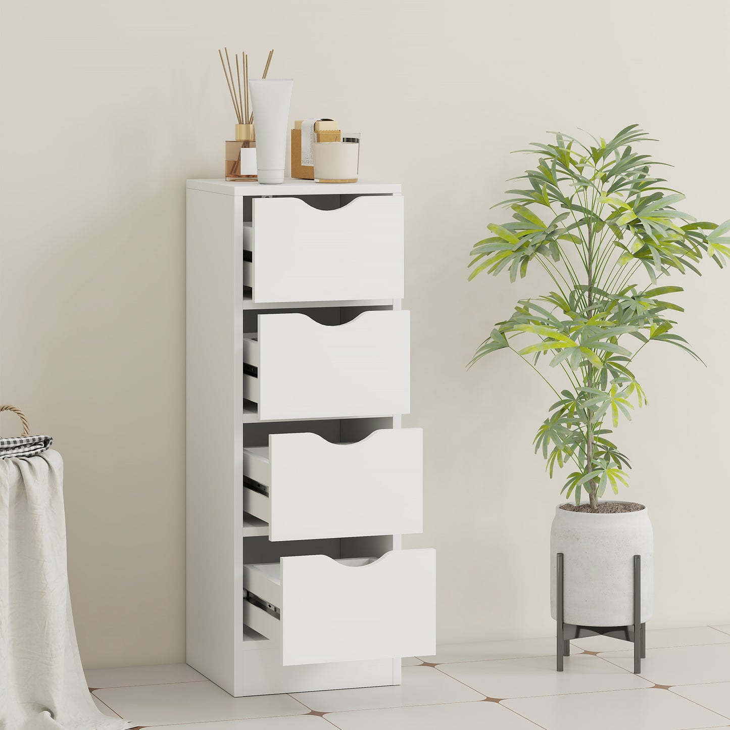 4-Drawer Bathroom Cabinet, Freestanding Narrow Cabinet, White