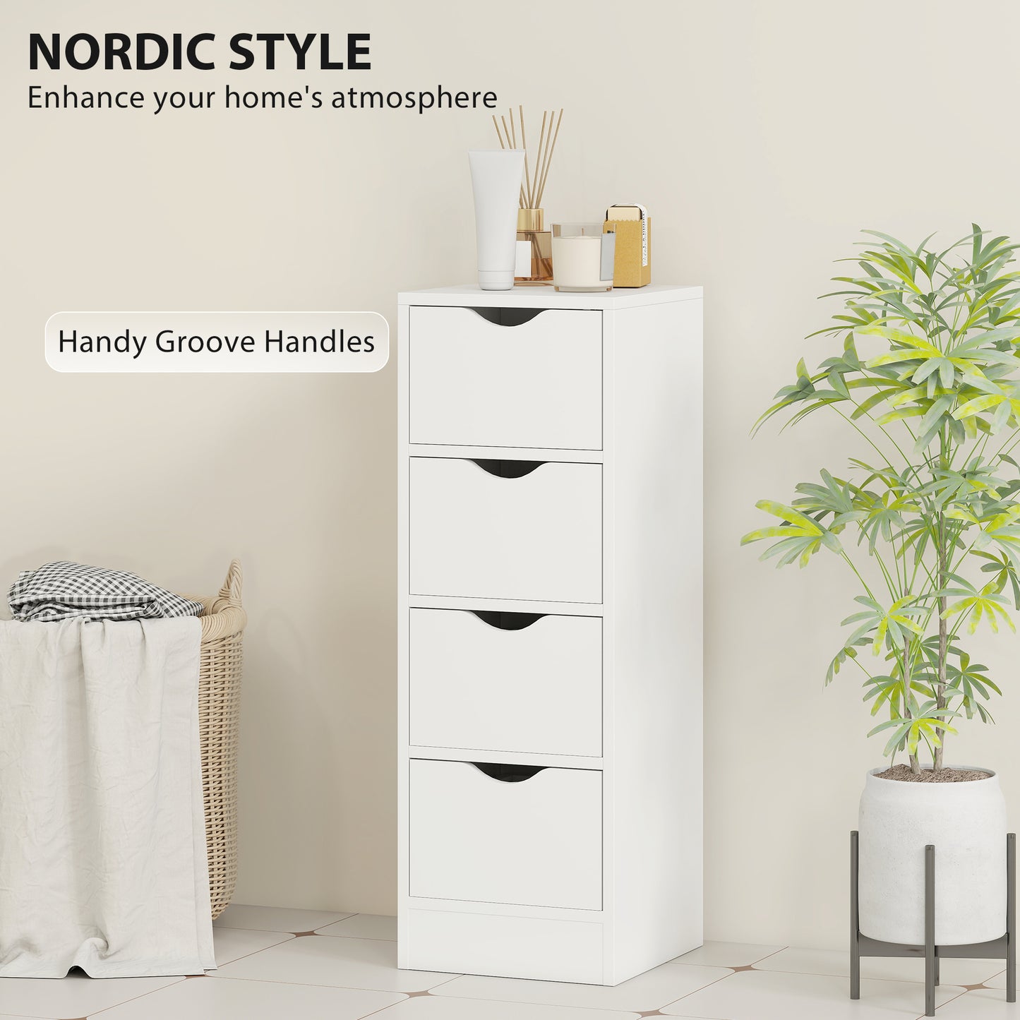 4-Drawer Bathroom Cabinet, Freestanding Narrow Cabinet, White