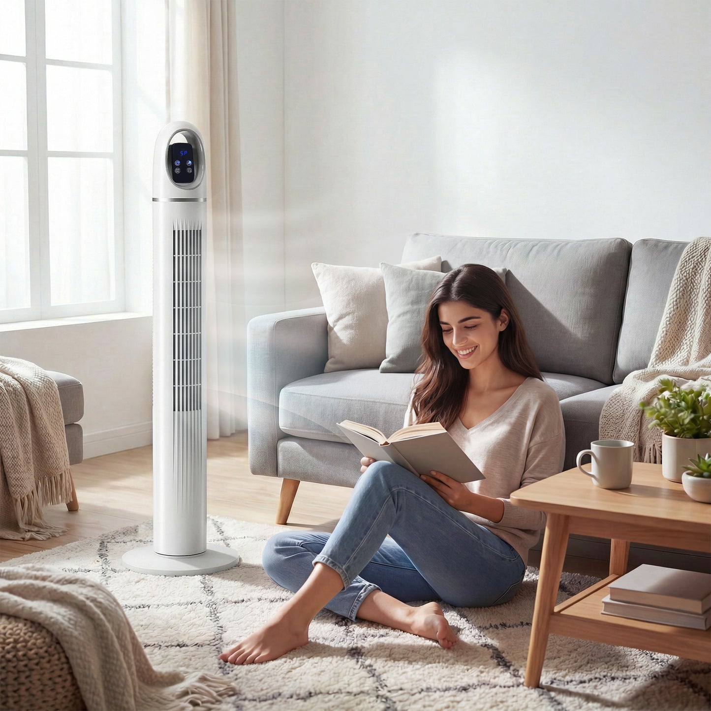 Tower Fan for Bedroom, Standing Floor Fan with 70° Oscillating, White