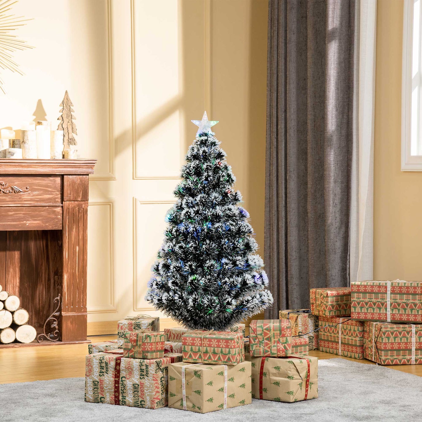 4ft Artificial Prelit Christmas Tree, Snow Xmas Tree w/ Fiber Optic