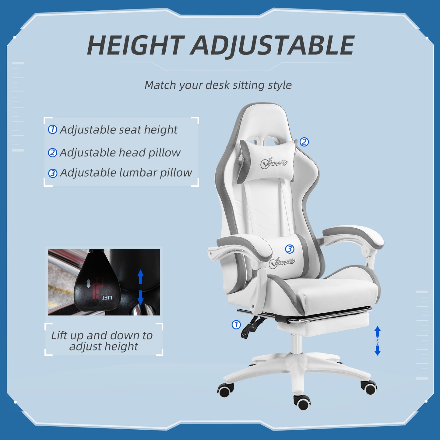 Racing Style Gaming Chair with Reclining Function Footrest, Grey