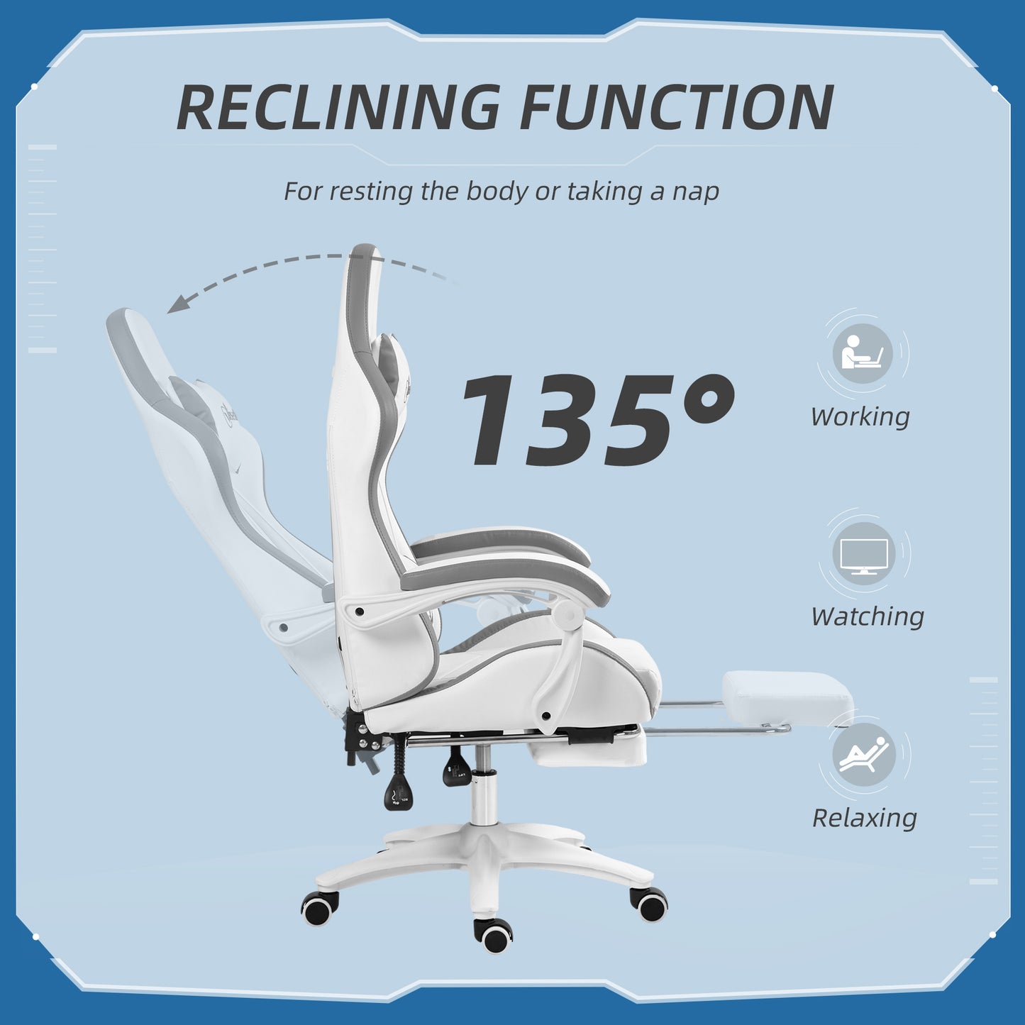 Racing Style Gaming Chair with Reclining Function Footrest, Grey