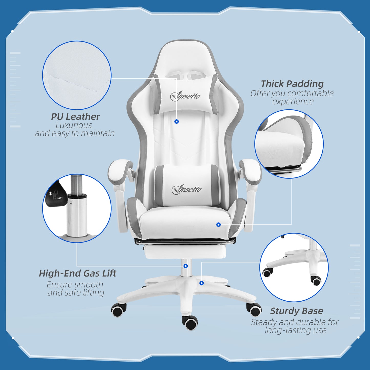 Racing Style Gaming Chair with Reclining Function Footrest, Grey